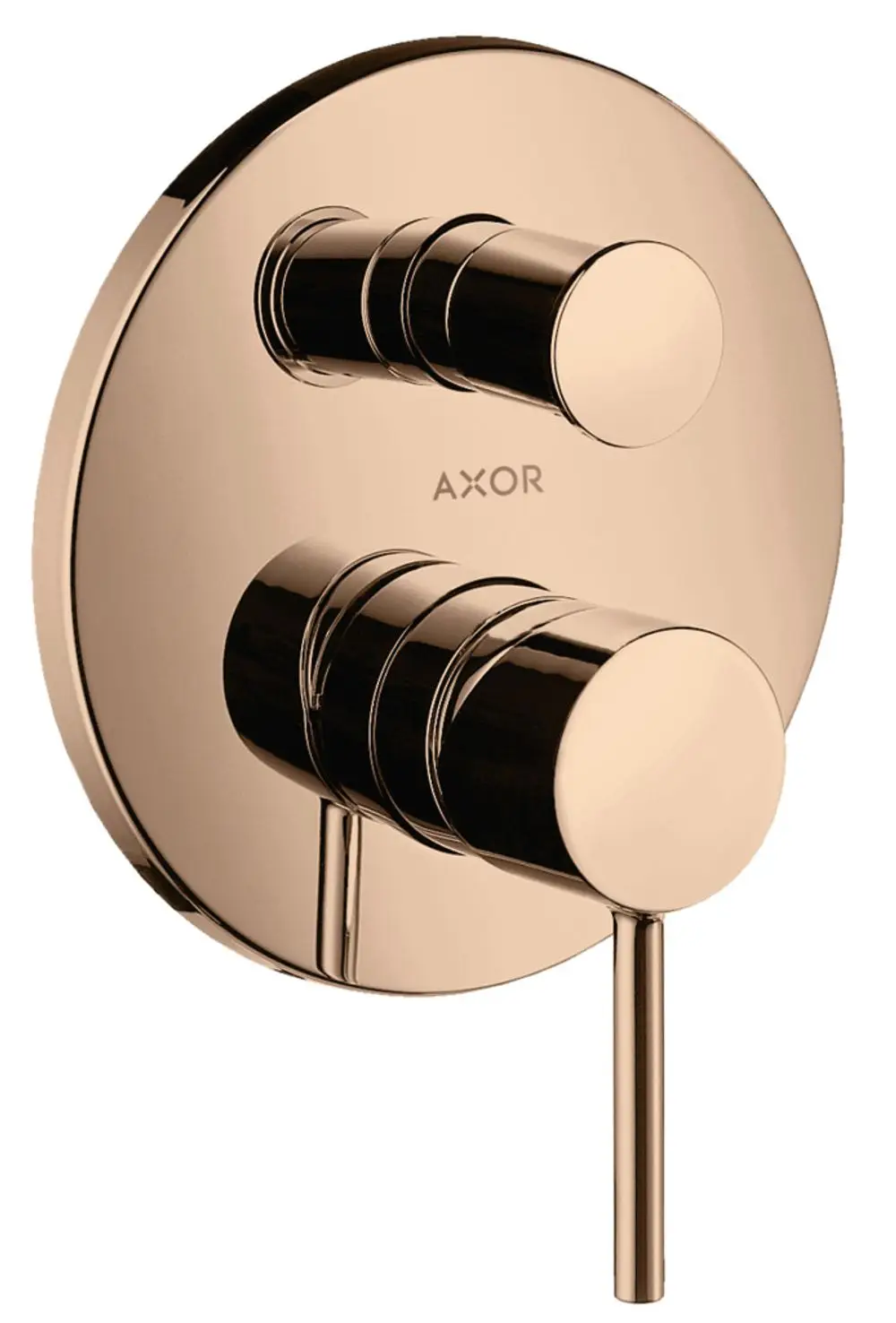 Ein thermostatischer Wannenmischer von AXOR in Polished Red Gold mit zwei Reglern für Temperatur und Wasserfluss auf runder Wandplatte.